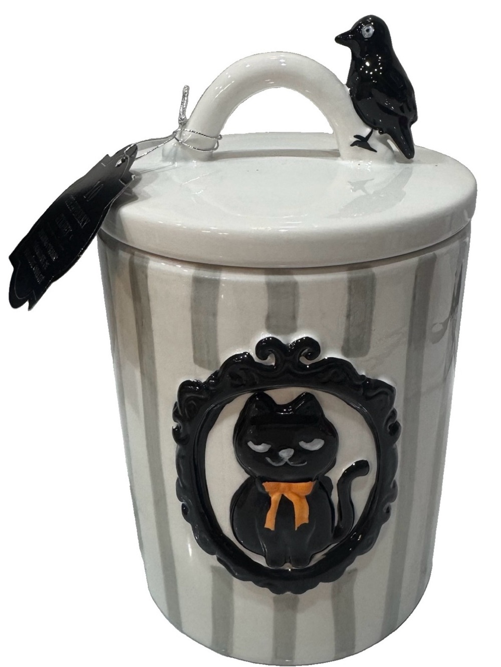 10 Strawberry Street Halloween Canister/Cookie Jar Striped w/Cat & Raven on Lid